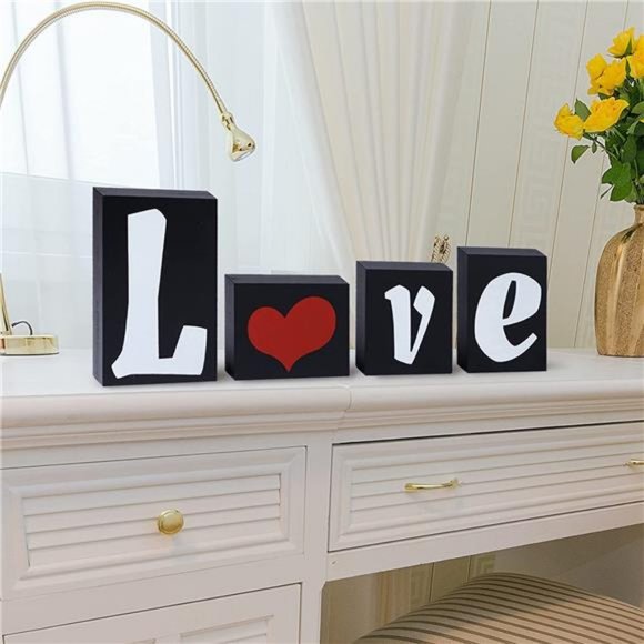 Valentines Day Table Decoration Love Wooden Blocks Love Signs  (Black) - Picture 5 of 7